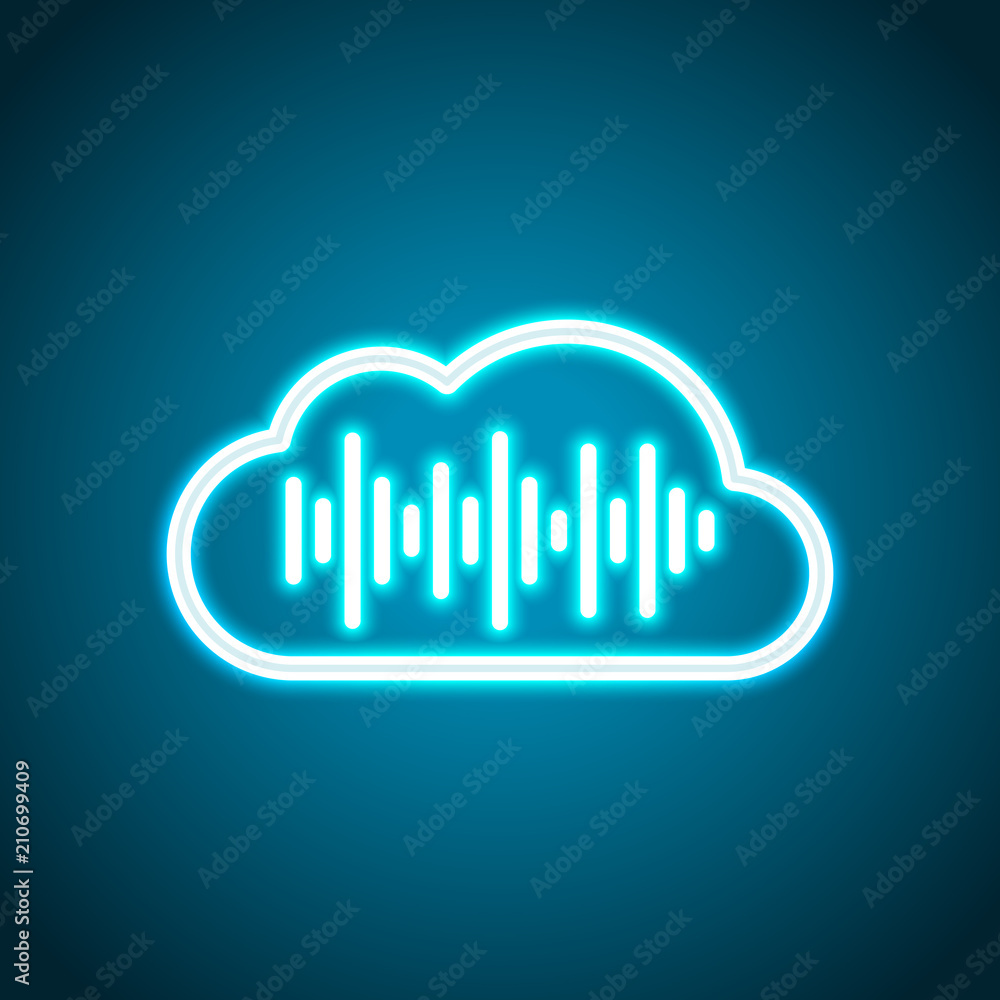 Poster simple icon with cloud and sound equalizer wave. thin outline. n