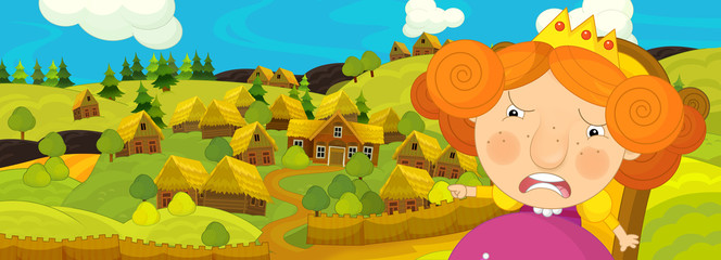 cartoon scene with farmer woman working near some farm village - illustration for children