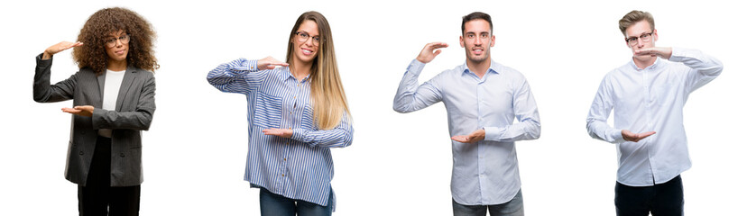 Team of business men and women gesturing with hands showing big and large size sign, measure symbol. Smiling looking at the camera. Measuring concept.