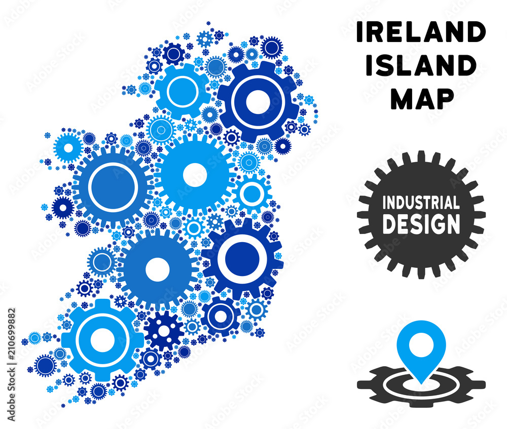 Poster repair service ireland island map composition of cogs. abstract territory plan in blue color tints. 