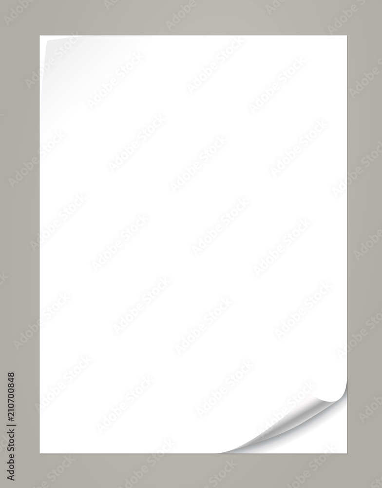 Poster white notebook paper with curled corners for text or advertising message on grey background