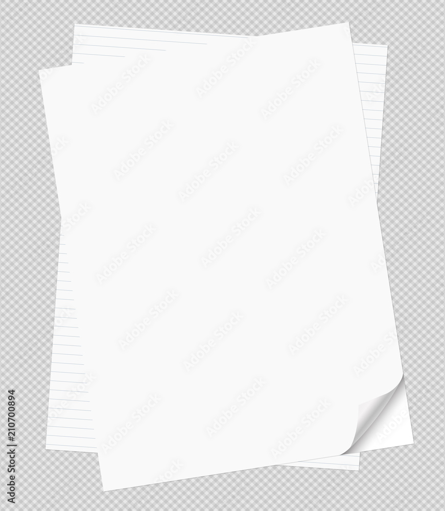 Poster set of stacked white notebook paper with curled corners for text or advertising message on grey squa
