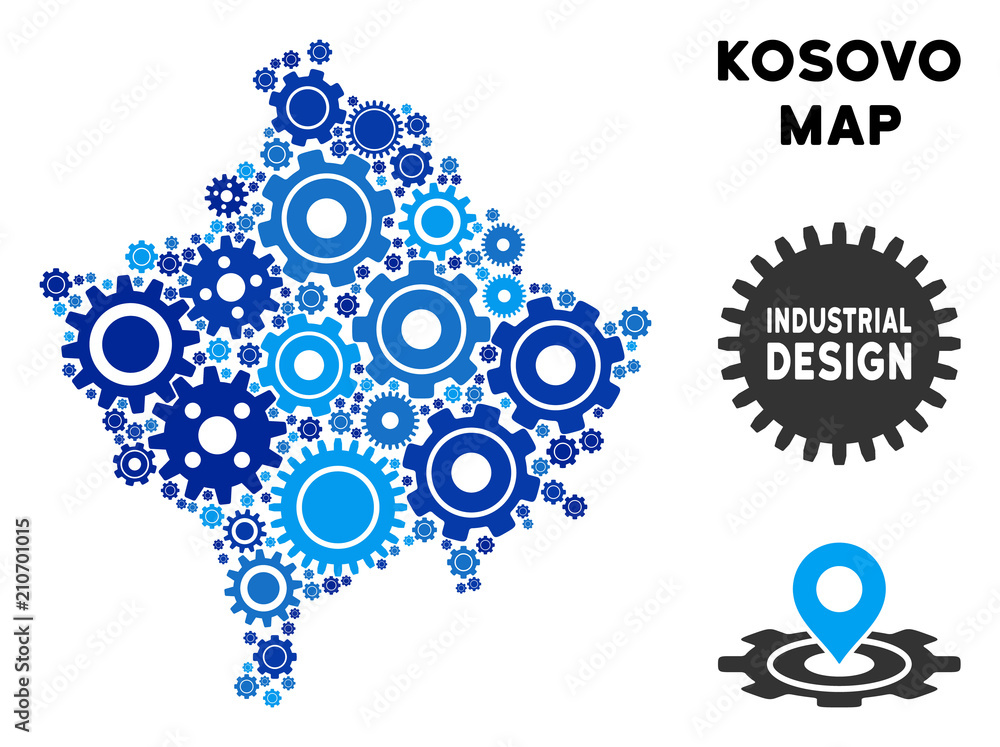 Poster repair service kosovo map composition of gears. abstract territorial scheme in blue color tinges. ve