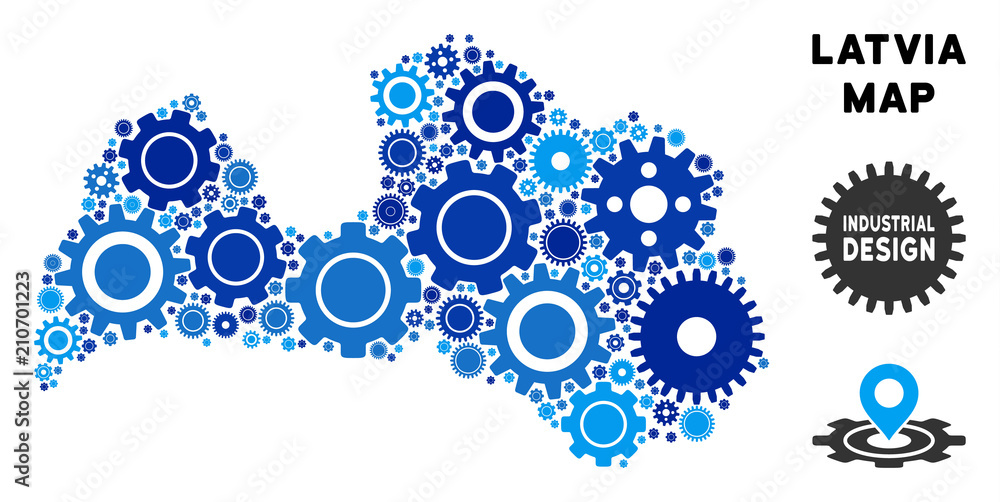 Poster repair service latvia map composition of cogs. abstract territorial plan in blue shades. vector latv