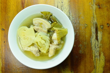 boiled pickled cabbage with pork belly soup on bowl