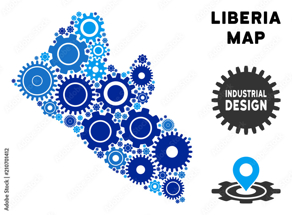 Aufkleber industrial liberia map mosaic of cogs. abstract territorial scheme in blue color tints. vector liber