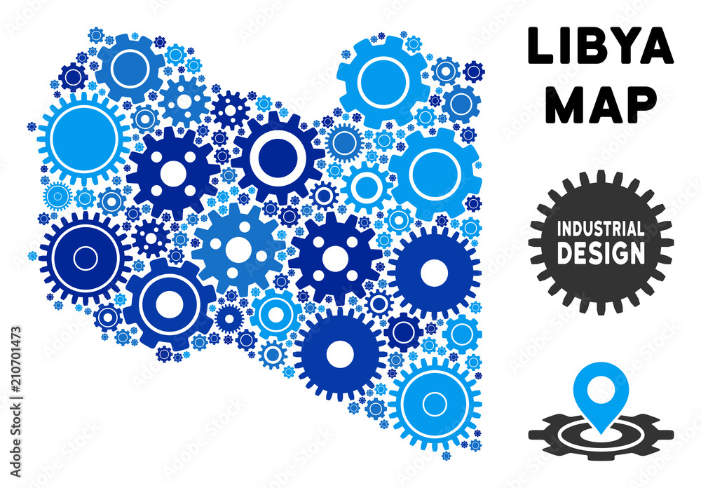 Poster repair service libya map composition of gears. abstract territory scheme in blue color hues. vector 