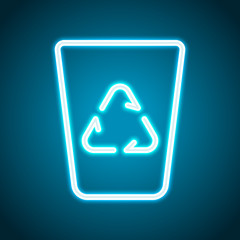 Recucle bin, reuse symbol on backet. Linear, thin outline. Neon