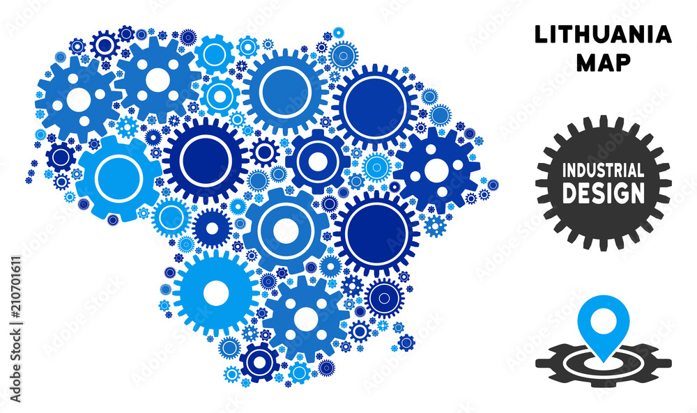 Poster industrial lithuania map composition of gears. abstract territory plan in blue color tints. vector l