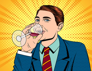 Vector colorful pop art comic style illustration of a businessman in suit drinking an alcohol. Portrait of young handsome guy with glass of red wine