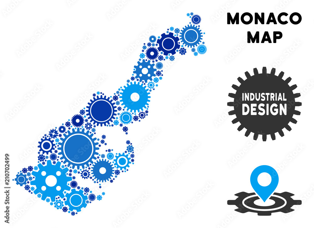 Aufkleber industrial monaco map collage of cogs. abstract territory scheme in blue color tones. vector monaco 