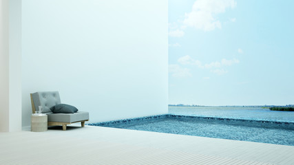 The interior minimal hotel relax space swimming pool 3d rendering and nature view background	