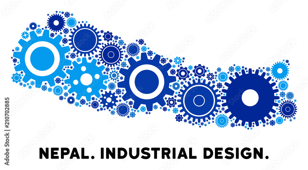 Poster industrial nepal map composition of gears. abstract geographic scheme in blue color tints. vector ne