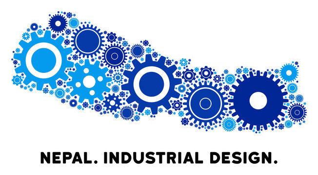 Industrial Nepal map composition of gears. Abstract geographic scheme in blue color tints. Vector Nepal map is formed of cogs. Concept of industrial service.
