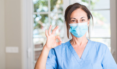 Middle aged doctor woman doing ok sign with fingers, excellent symbol