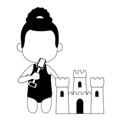 Beautiful girl in swim suit with sand castle vector illustration graphic design