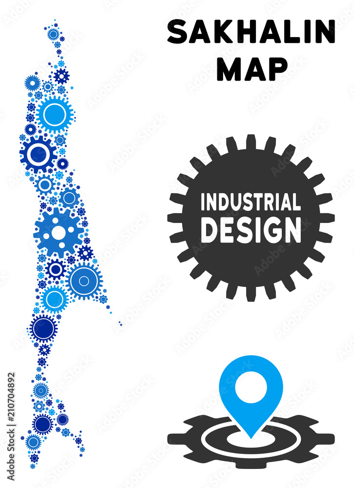 Poster industrial sakhalin island map composition of gears. abstract territorial scheme in blue color tones