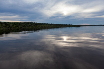 Amazonas, Brazil - River bank in the Amazon rainforest with textured dark waters of Negro river reflecting blue sky and clouds and the forest in the background at dusk.