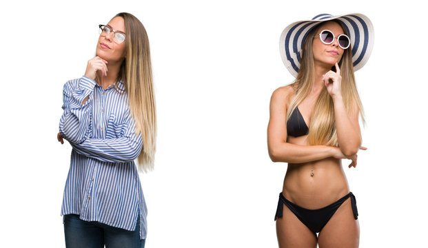Young beautiful blonde woman wearing business and bikini outfits with hand on chin thinking about question, pensive expression. Smiling with thoughtful face. Doubt concept.