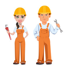 Builder man and woman in uniform
