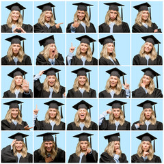 Young beautiful woman wearing graduation cap very happy doing gesture with face and hands. Composition.