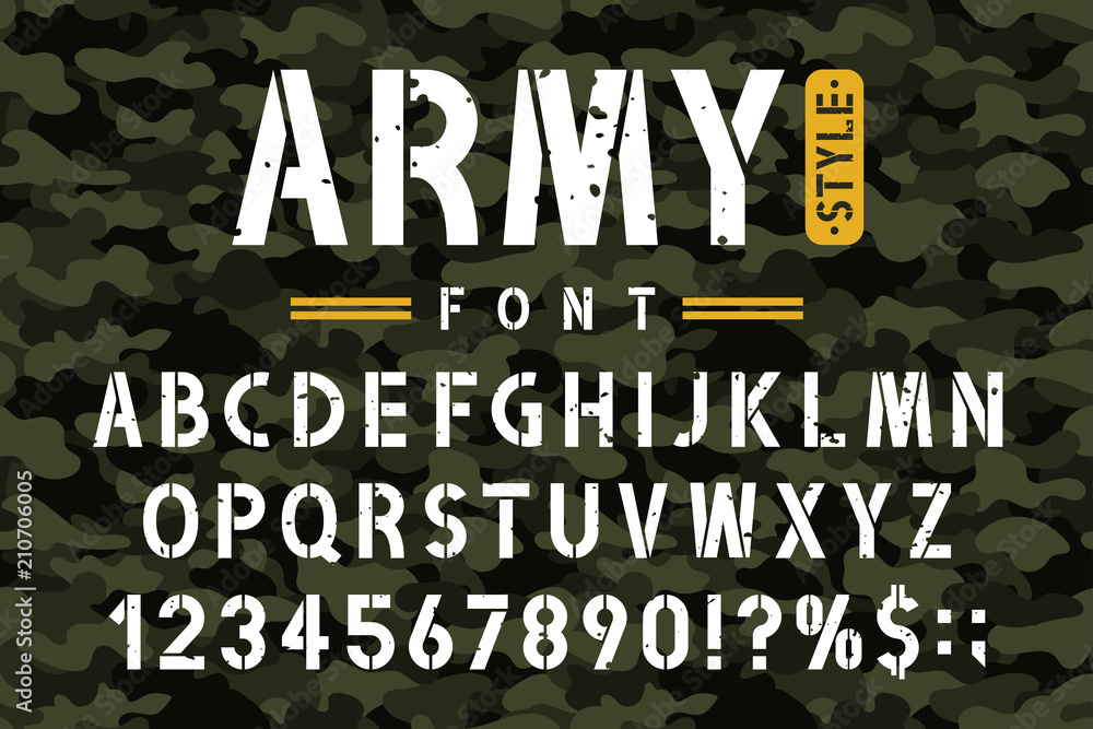 Aufkleber military stencil font on camouflage background. rough and grungy stencil alphabet with numbers in re