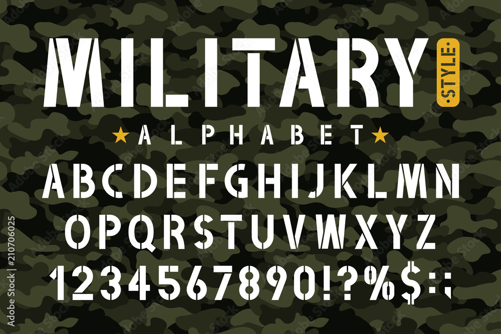 Fototapete military stencil font on camouflage background. stencil alphabet with numbers in retro army style