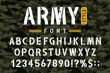 Military stencil font on camouflage background. Rough and grungy stencil alphabet with numbers in retro army style
