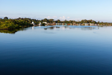 Fototapeta na wymiar Amazonas, Brazil. View of a small village on the Negro River in the Amazon with blue sky.