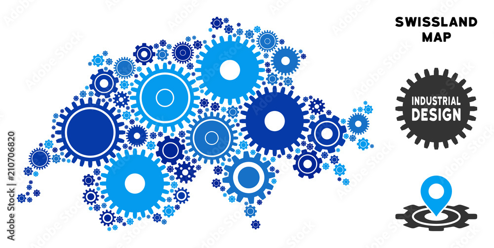 Poster industrial swissland map composition of cogs. abstract geographic plan in blue color tinges. vector 