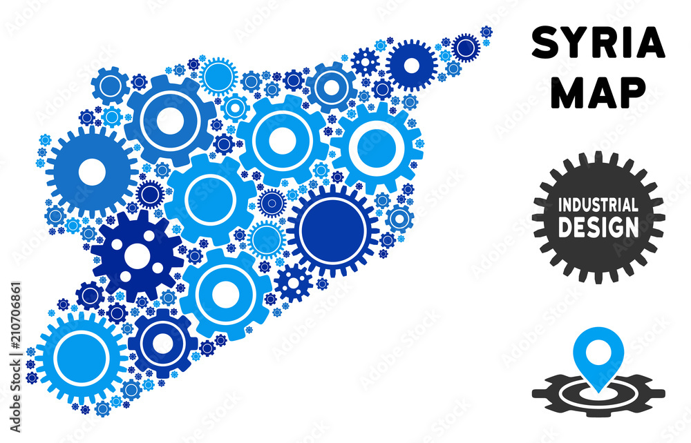 Poster repair service syria map mosaic of cogs. abstract territory scheme in blue color tones. vector syria