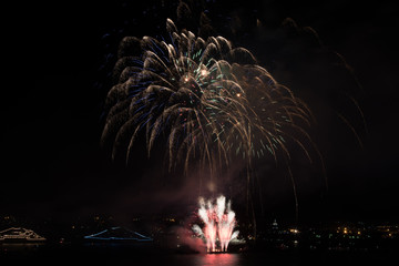Firework over the water in the night sky