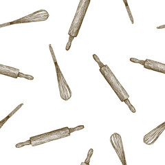 bakery kitchen tool, hand draw sketch seamless pattern vector.