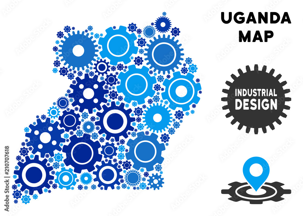 Poster repair service uganda map mosaic of gears. abstract geographic scheme in blue color tones. vector ug