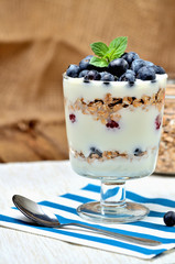 Greek yogurt with oatmeal and fresh blueberries in a glass