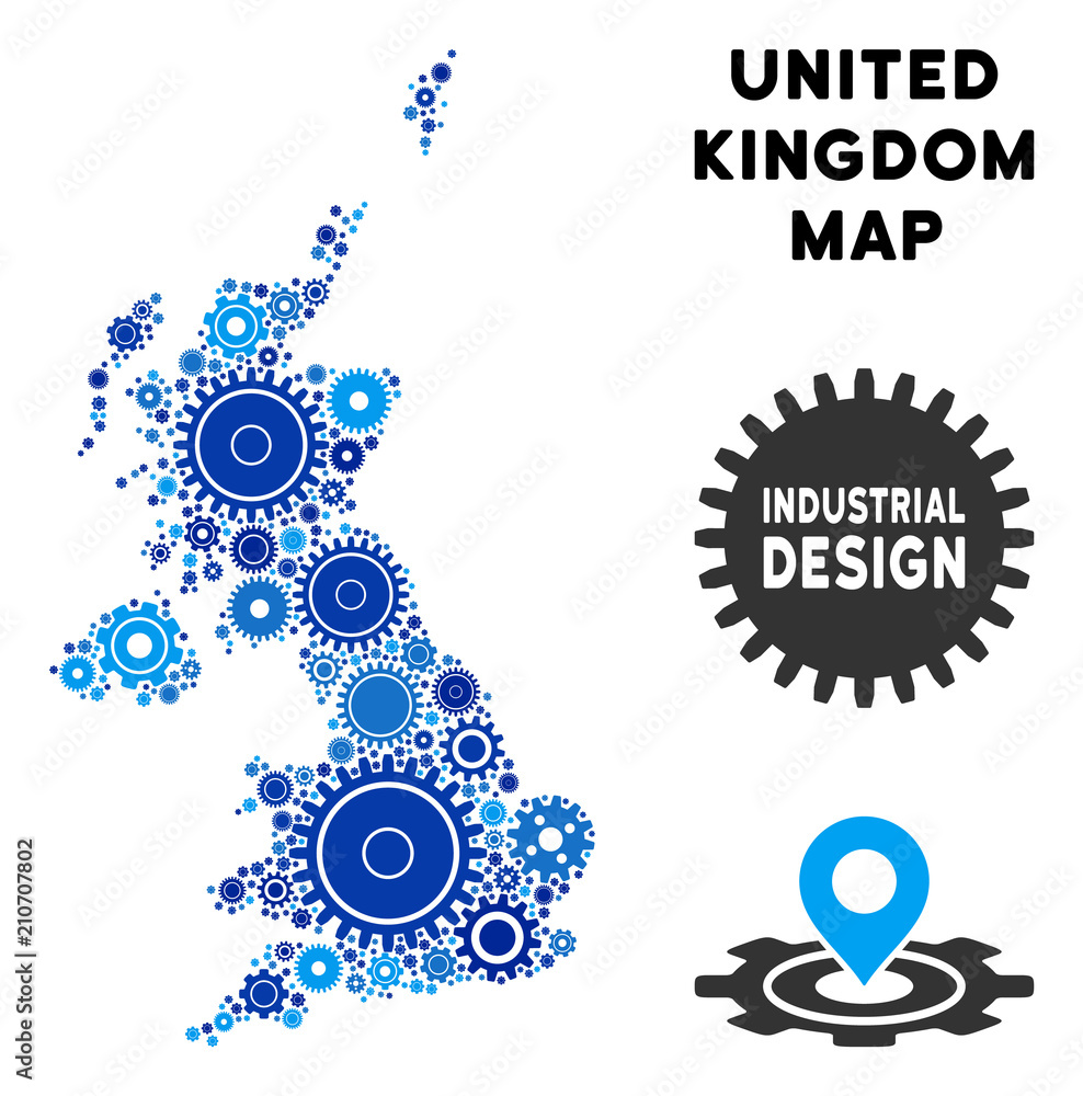 Poster repair service united kingdom map composition of cogs. abstract territory scheme in blue color tints