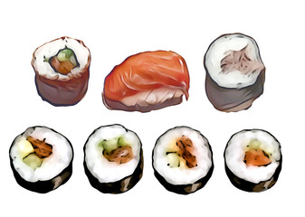 Sushi illustration. Watercolor artistic template.

