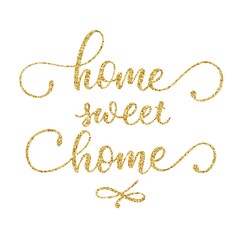 Sweet home hand lettering, vintage calligraphy with golden glitter texture effect, handwritten typography on blackboard background with grunge texture. Vector illustration.