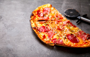 Pizza Assortment Pepperoni Salami Bacon Tomatoes  Mozzarella  Four Cheese on  stone Background Bake Spicy Snack  Copy space for Text