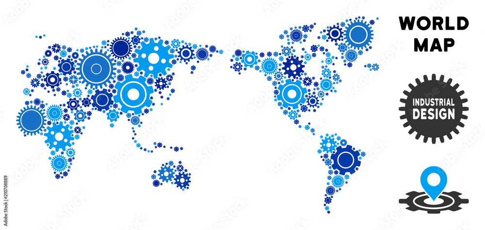 Poster repair service world map composition of cogs. abstract geographic scheme in blue color hues. vector 