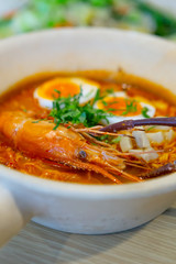 Spicy instant noodles soup with shrimp, Thai Dishes, Tom Yam Koong, Prawn, Thai Food, Hot and spicy, Sour