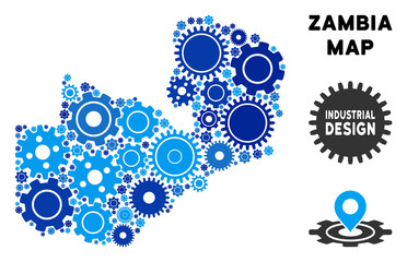 Repair Service Zambia map mosaic of cogs. Abstract territorial scheme in blue color tints. Vector Zambia map is formed of gearwheels. Concept of mechanic company. © Aha-Soft