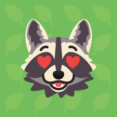 Racoon emotional head. Vector illustration of cute coon with hearts in eyes shows amorous emotion. In love emoji. Smiley icon. Print, chat, communication. Grey raccoon in flat cartoon style