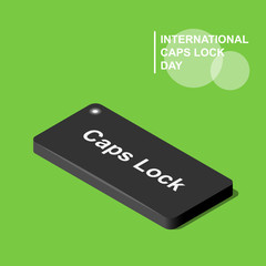 International caps lock day isometric vector icon. 3d key with light indicator isolated on green background.