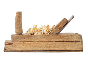 Old wooden jointer and wood shaving on a white background