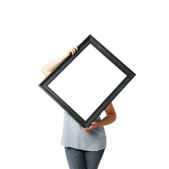 Woman hands holding black crooked empty frame