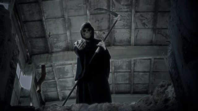 death with a scythe waving his hand, inviting to go with her