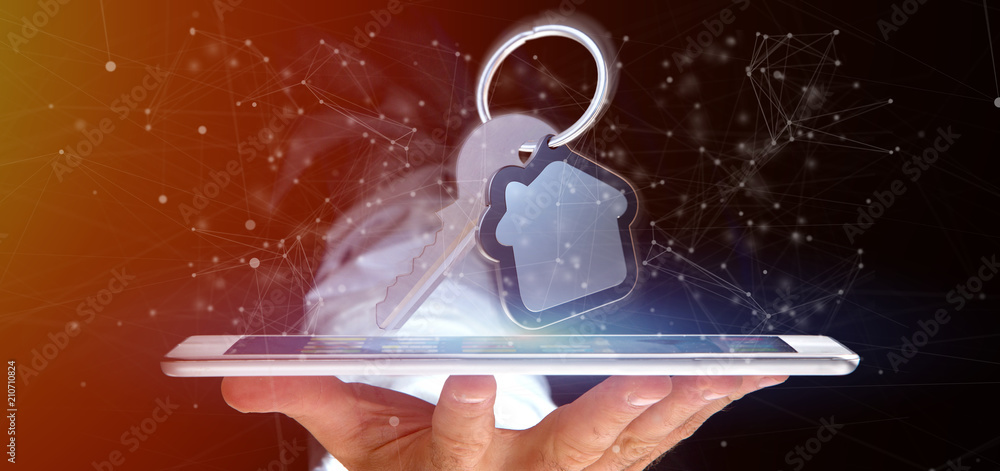 Poster man holding a key and house 3d rendering