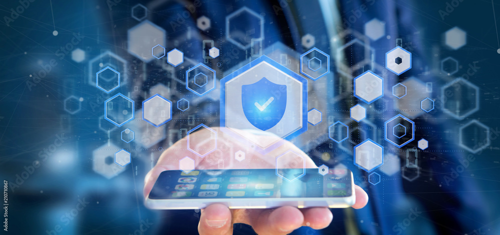 Poster man holding a shield web security concept 3d rendering