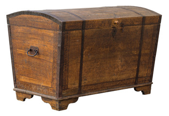 Old grungy wooden treasure chest with rusty metal decoration